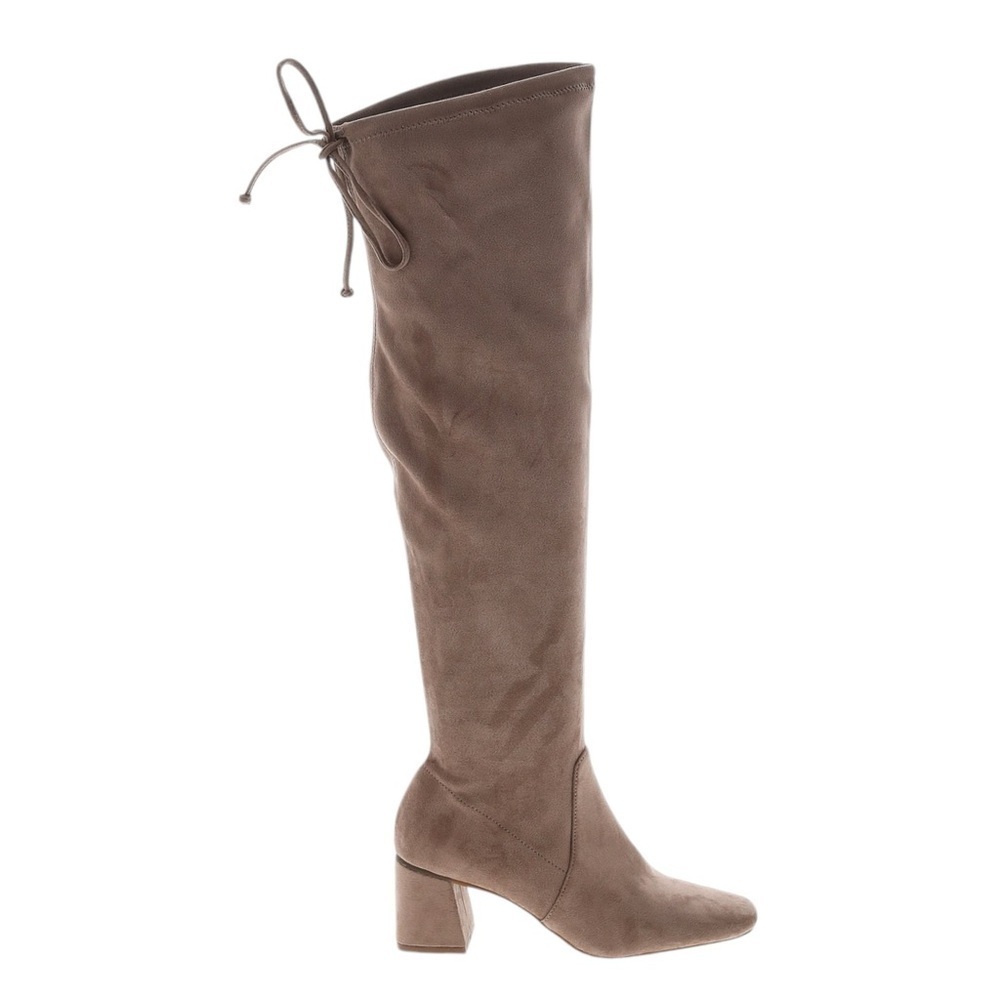 Gianni Bini Over the Knee Boots 6 Tan Faux Suede Block Heel Tie Back Square Toe